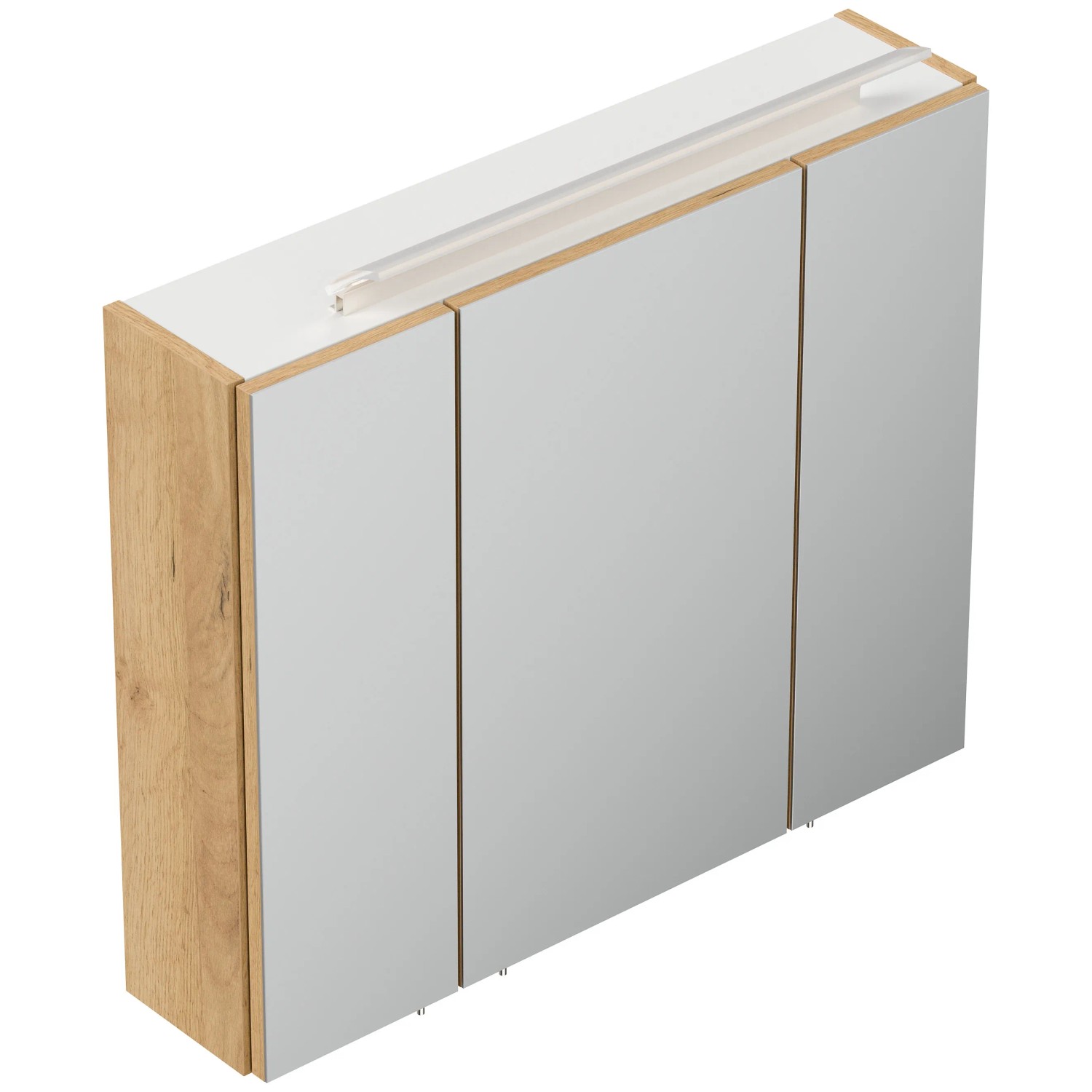 Posseik Spiegelschrank 75 cm mit LED-Lampe und Glasböden, Dekor Eiche Gold.
