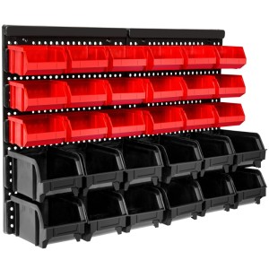 Wandregal mit roten und schwarzen Stapelboxen (31-teilig) von Tectake. Ideal zur Werkzeugsortierung.