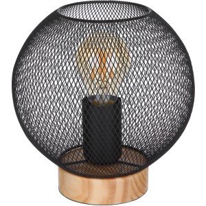 Globo Tischleuchte Pablo mit Holzfuß und schwarzem Metallgitter-Schirm.