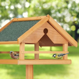 Relaxdays Vogelfutterhaus Tannenholz Stein Natur Grün mit Ständer 120 cm x 62 cm x 55 cm 3,7 kg