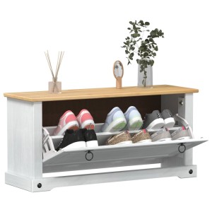 Weißer Schuhschrank Corona aus Kiefernholz mit Schuhen und Deko.