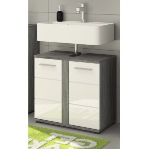 Inn.Furn Waschbeckenunterschrank Weiß Hochglanz Grau 60 cm 2-türig Bailey