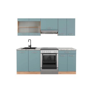 Vicco R-Line Küchenzeile in Blau-Grau/Eiche mit Marmor-Arbeitsplatte, 200 cm breit.