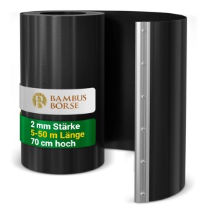 Schwarze Bambus Rhizomsperre aus HDPE, 2 mm stark, 70 cm hoch, mit Verschlussschiene.