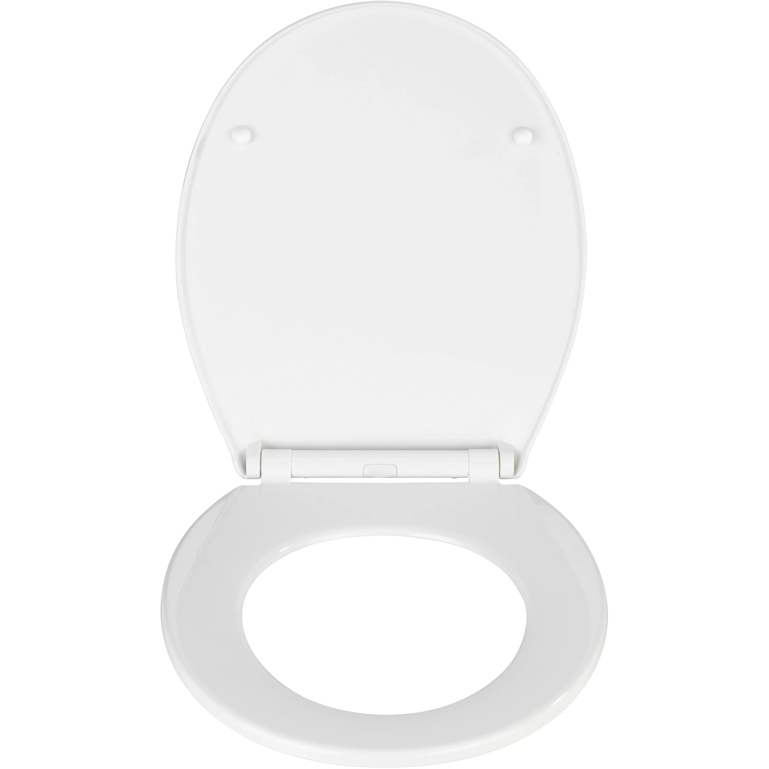 Weißer Wenko Premium WC-Sitz Kos mit Absenkautomatik, geöffnet.