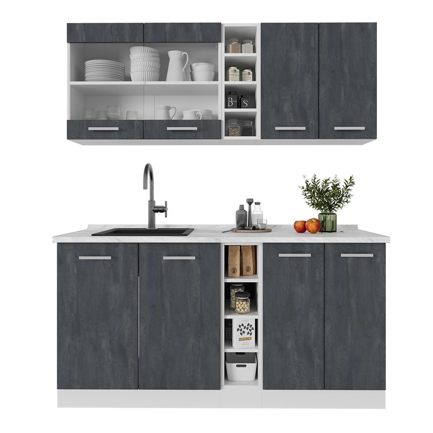 Vicco R-Line Mini-Küche Schwarz Beton/Weiß 160 cm AP Marmor günstig online kaufen