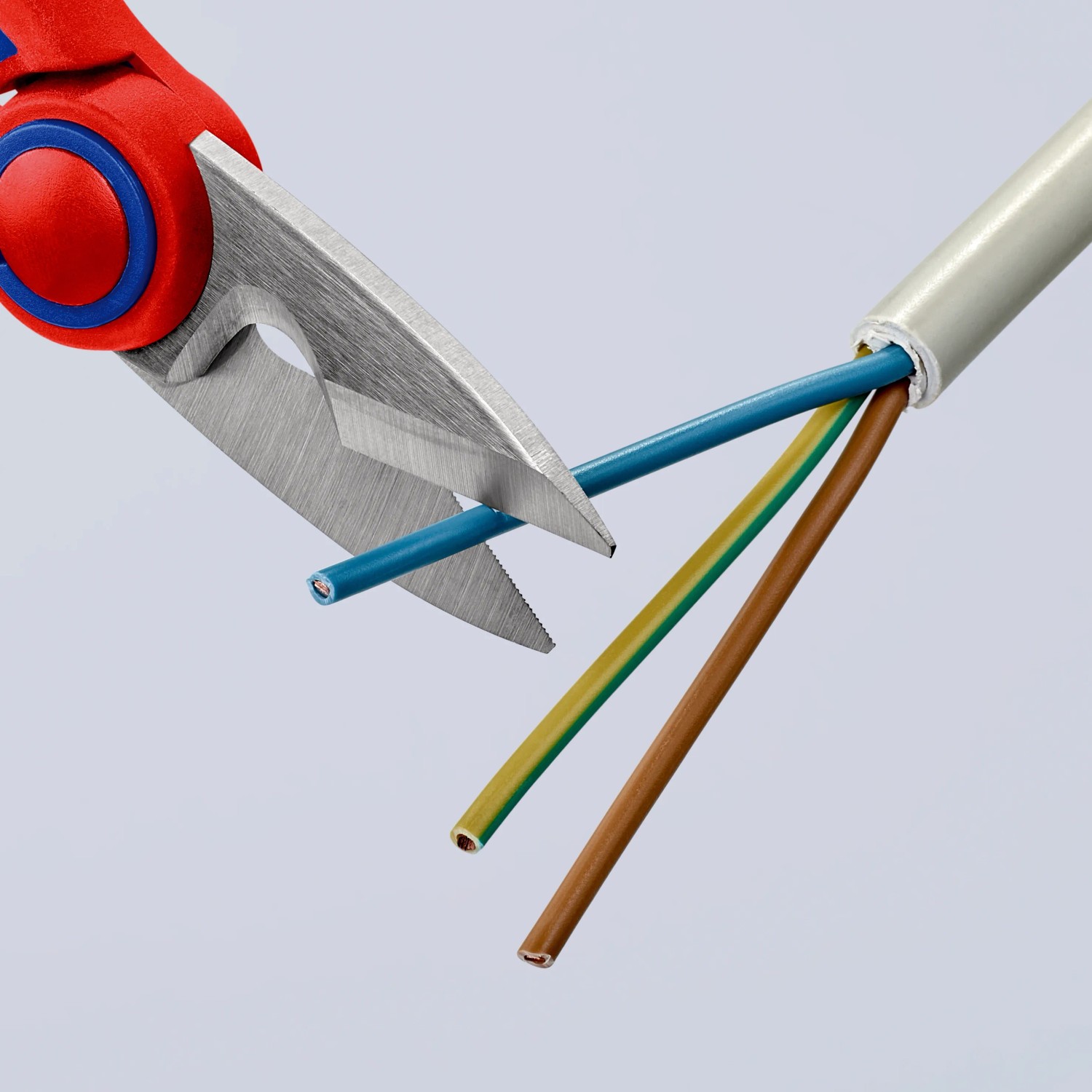 Knipex Elektrikerschere 160 mm schneidet blaues Kabel. Zange mit rot-blauem Griff.