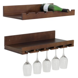 MCW 2er-Set Weinregal, braun: Wandregal für 6 Flaschen und 15 Gläser, 61x28cm.