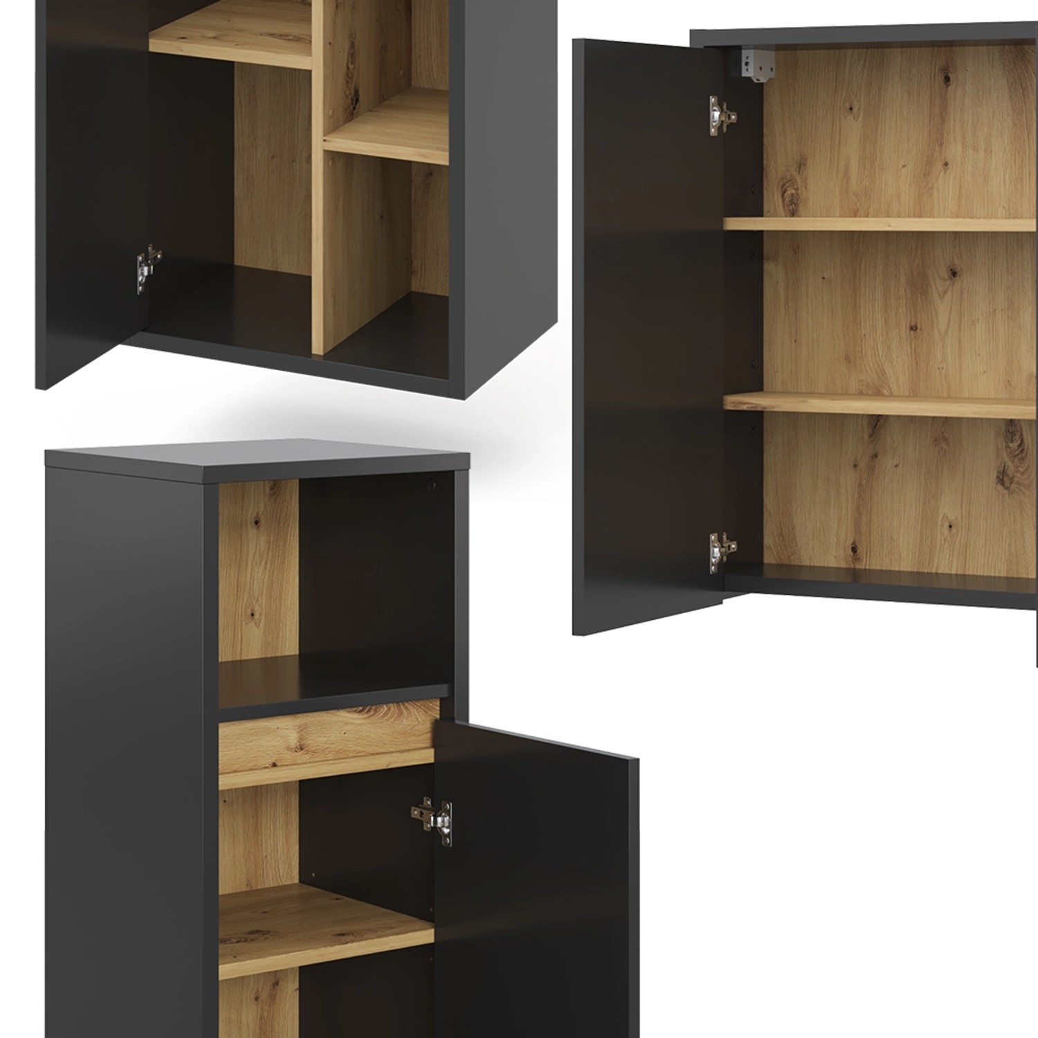 Vicco Badmöbel-Set Viola, 4-teilig, Anthrazit/Eiche Optik, mit Spiegelschrank, Ober-, Unter- und Midischrank.