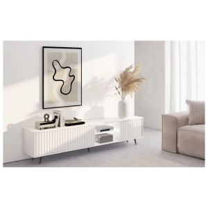 TV-Lowboard Bello 175 cm Weiß / Lamelle mit LED und Schwarzen Beinen