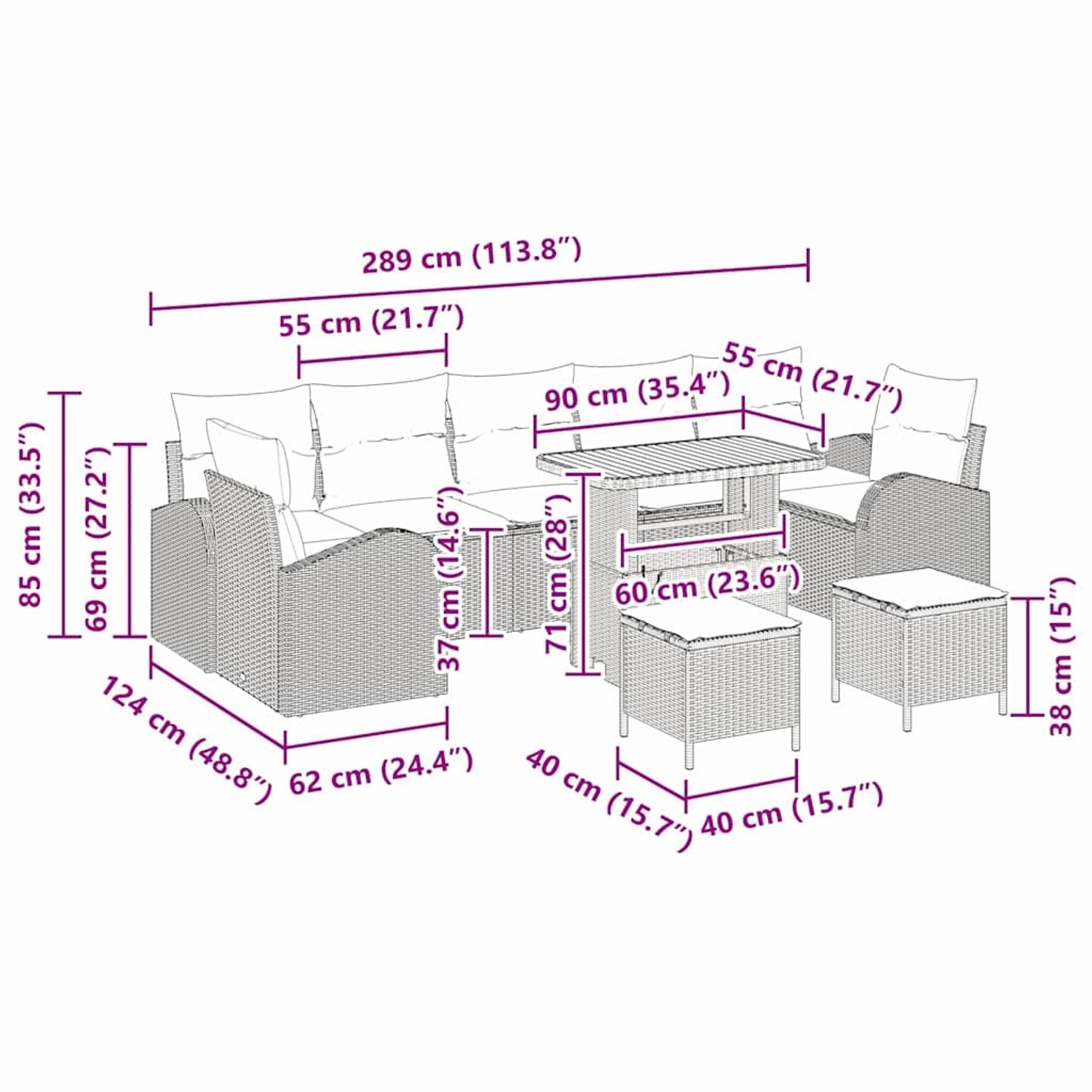 vidaXL Gartenmöbel-Set, 10-teilig, schwarz, Poly Rattan, mit Maßangaben.