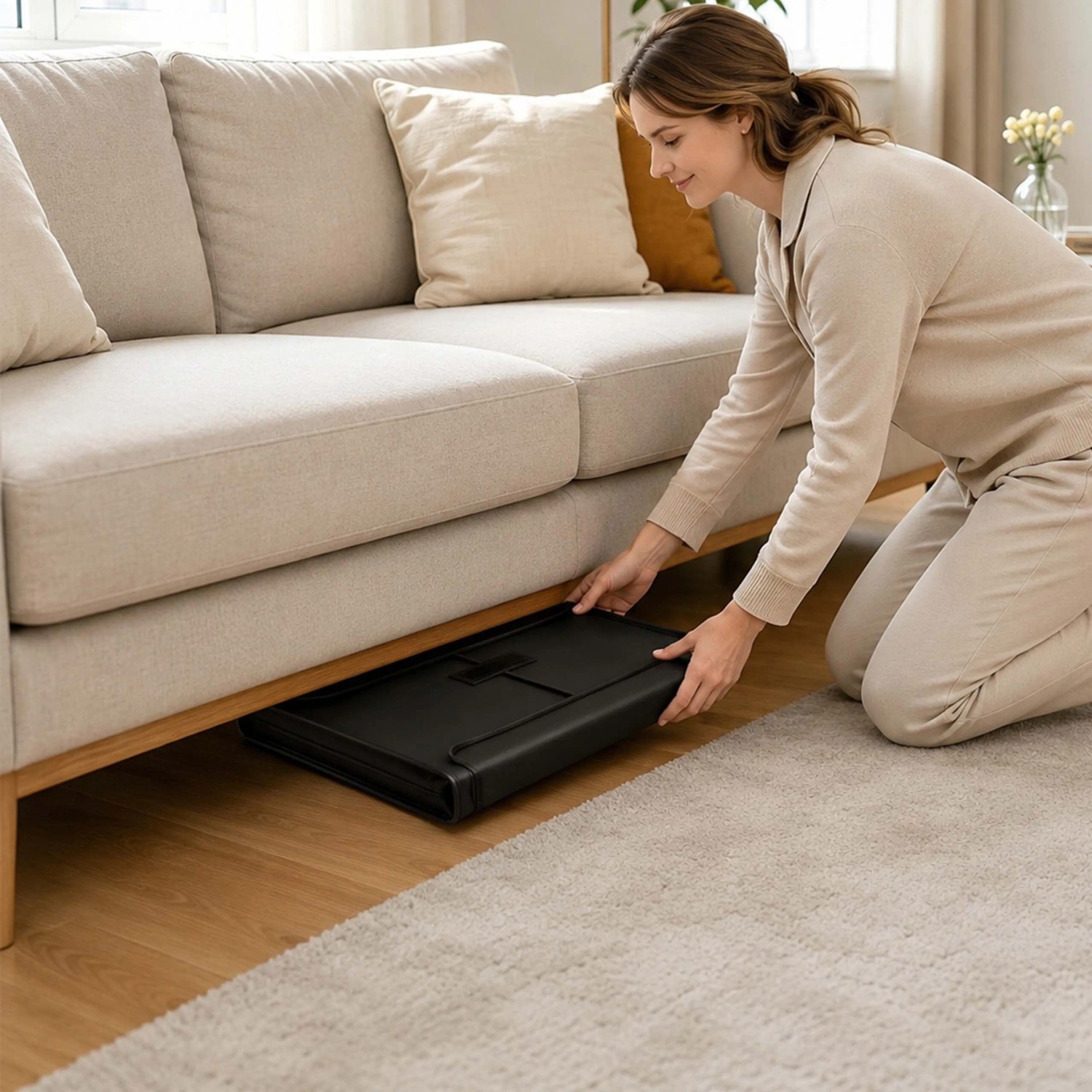 Frau verstaut schwarzen Relaxdays Puzzlekoffer mit Tragegriff unter Sofa. Praktische Puzzleunterlage.