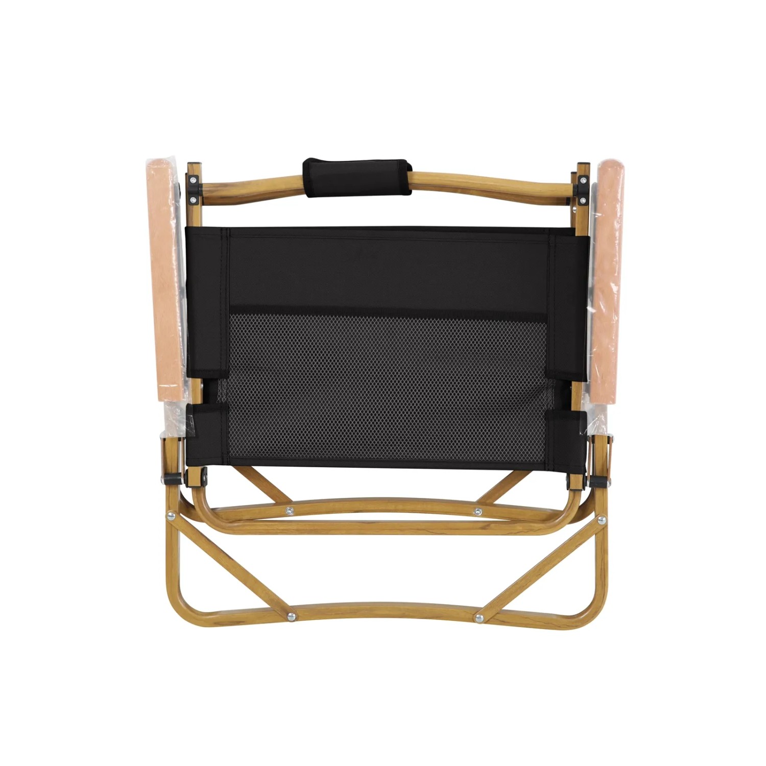 Zusammengeklappter Jawinio Campingstuhl mit Holzarmlehnen, Aluminiumgestell und schwarzer Sitzfläche.