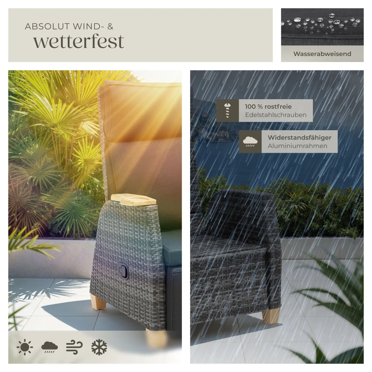 Grauer Tectake Rattansessel Pescara, wetterfest mit Aluminiumrahmen, rostfreien Schrauben und wasserabweisenden Polstern.