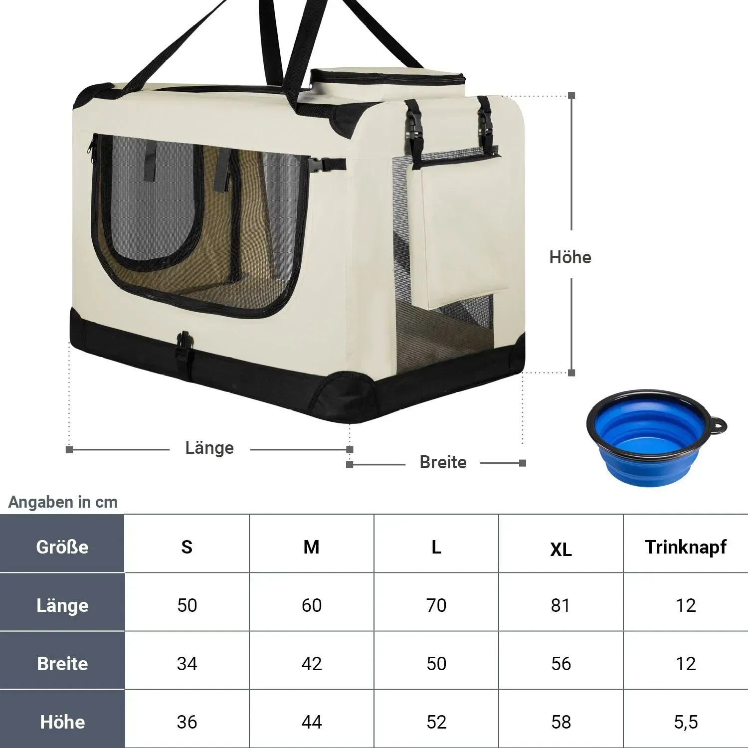 Beige Juskys Hundetransportbox Lassie L, faltbar mit Netzfenster, Tragegriff und blauem Trinknapf.