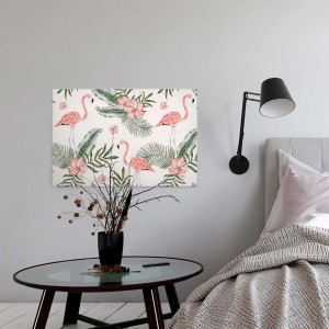 Leinwandbild mit Flamingo, Hibiskus und Palmenblättern als Wanddeko.