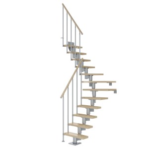 Dolle Mittelholmtreppe Dublin, Ahorn/Perlgrau, 1/4 gewendelt, bis 270 cm Geschosshöhe.