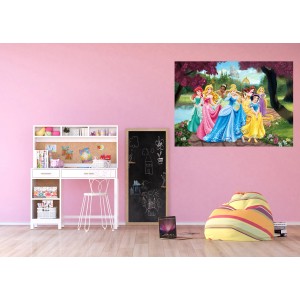 Disney Prinzessinnen Poster in Rosa, Gelb und Blau (160x110 cm) im Kinderzimmer.