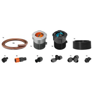 Gardena Sprinkler Komplett-Set Pipeline mit Wassersteckdosen, Anschlussdose, Rohr und Zubehör.