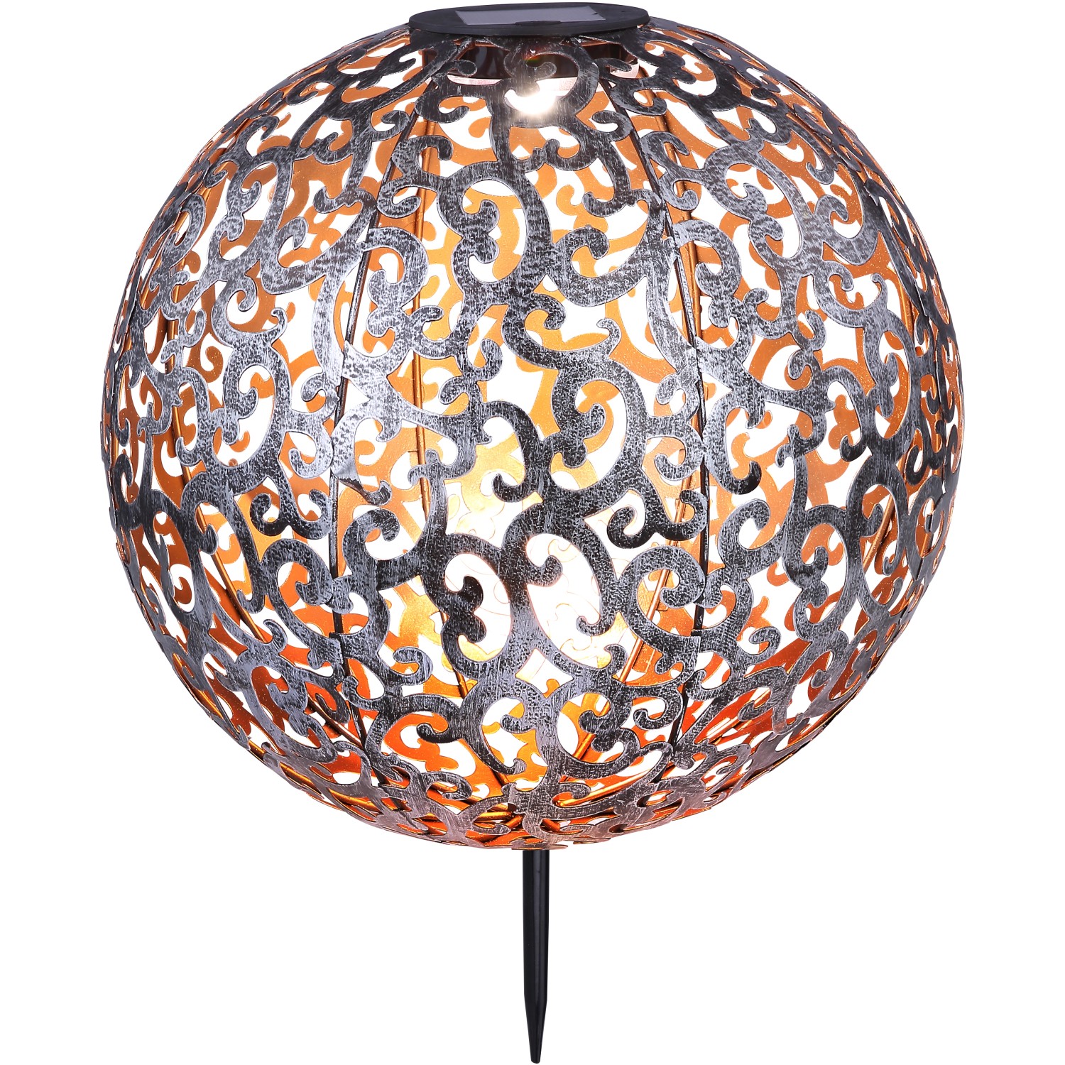 Silberne Globo LED Solar-Kugel mit Dekogeflecht und Erdspieß für den Garten.
