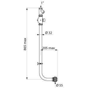 Technisches Diagramm des Delabie TEMPOCHASSE Druckspüler-Sets für WC, Aufputz. Zeigt Maße und Spülrohr.