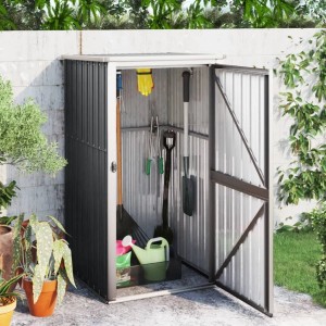 vidaXL Gerätehaus, anthrazitfarben, aus verzinktem Stahl, mit geöffneter Tür und Gartengeräten.