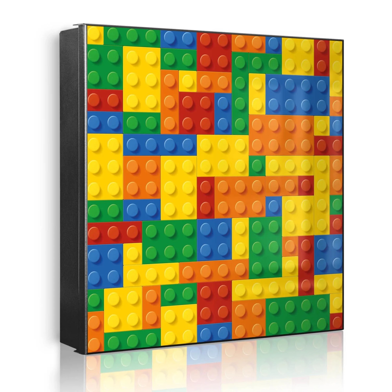 Banjado Großer Schlüsselkasten Metall 30x30cm Schwarz Scharnier Rechts 32 Haken Beschreibbar Magnetisch Motiv Bausteine
