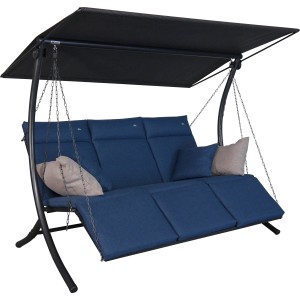 Angerer Hollywoodschaukel Swing Smart Denim, 3-Sitzer mit blauem Bezug und Sonnendach.