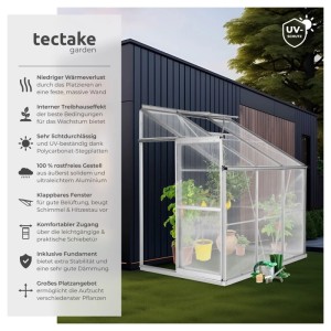 Tectake Anlehngewächshaus mit Alu-Rahmen, transparent, mit Pflanzen und Gartenzubehör.