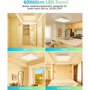 Quadratische, flache LED Deckenleuchte 60x60 cm, warmweiß, montiert in Flur, Küche, Wohn- und Schlafzimmer.