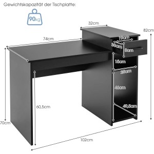 Schwarzer Costway Schreibtisch aus Holz mit Schublade und Ablageflächen, 104x50x82 cm.
