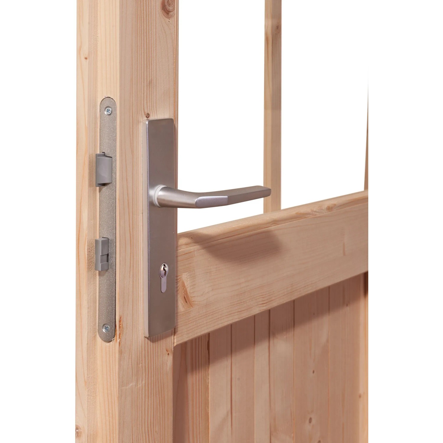 Detailaufnahme: Tür mit Edelstahl-Griff und Schloss des Karibu Holz-Gartenhauses.