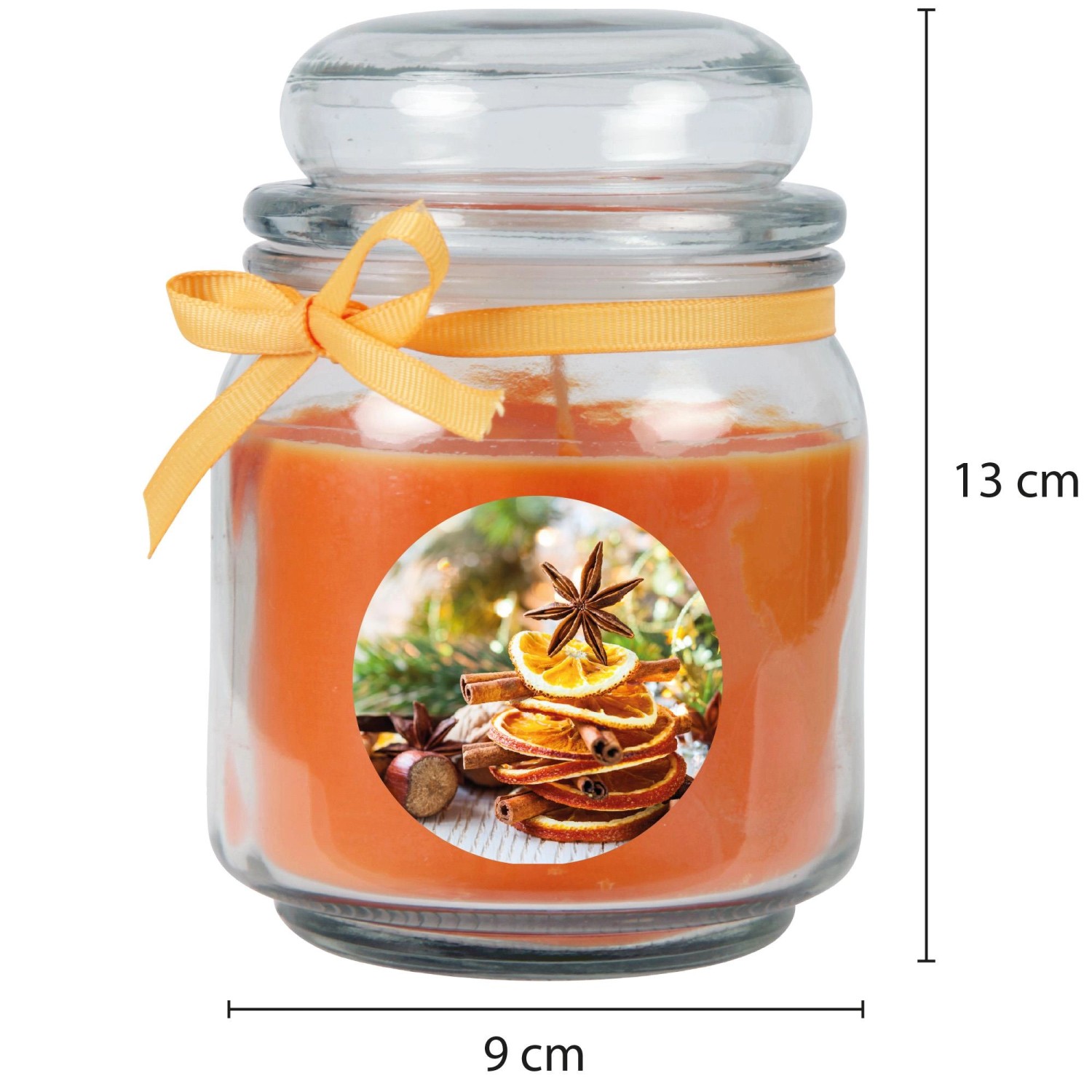 Orangefarbene HS Candle Duftkerze im Glas mit Weihnachtsdekor, 70h Brenndauer.