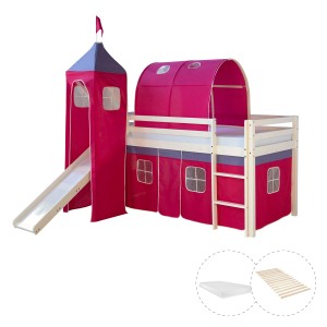 Homestyle4u Hochbett 90x200 mit Vorhang Lattenrost Matratze Rutsche Tunnel Turm Weiß 2585