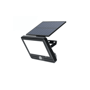 Schwarze LUXULA LED Solar Wandleuchte mit Bewegungsmelder und separatem Solarpanel.