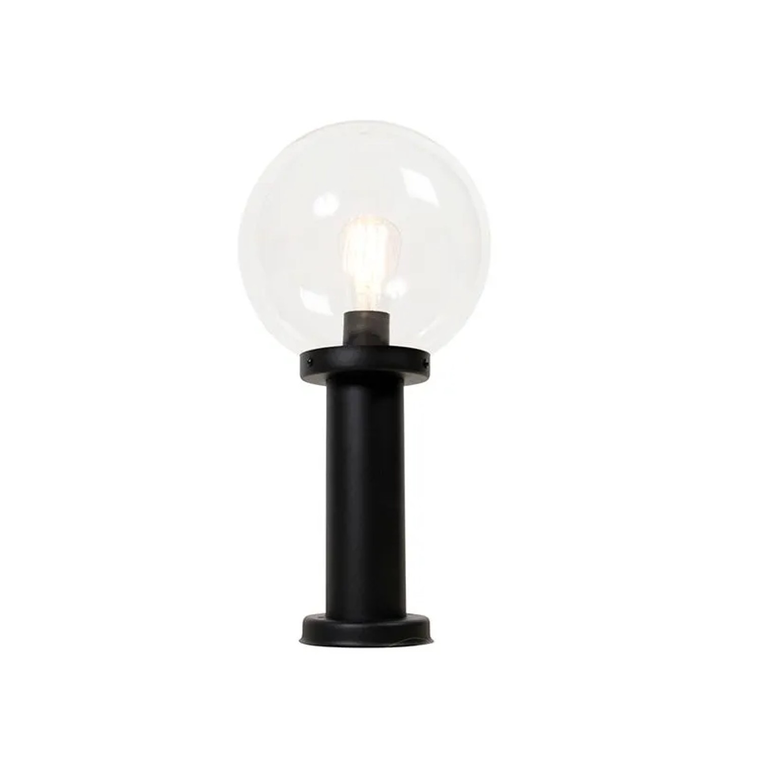 Schwarze QAZQA Außenstehleuchte Sfera mit klarer Kugel, 50 cm hoch, IP44-Schutz.
