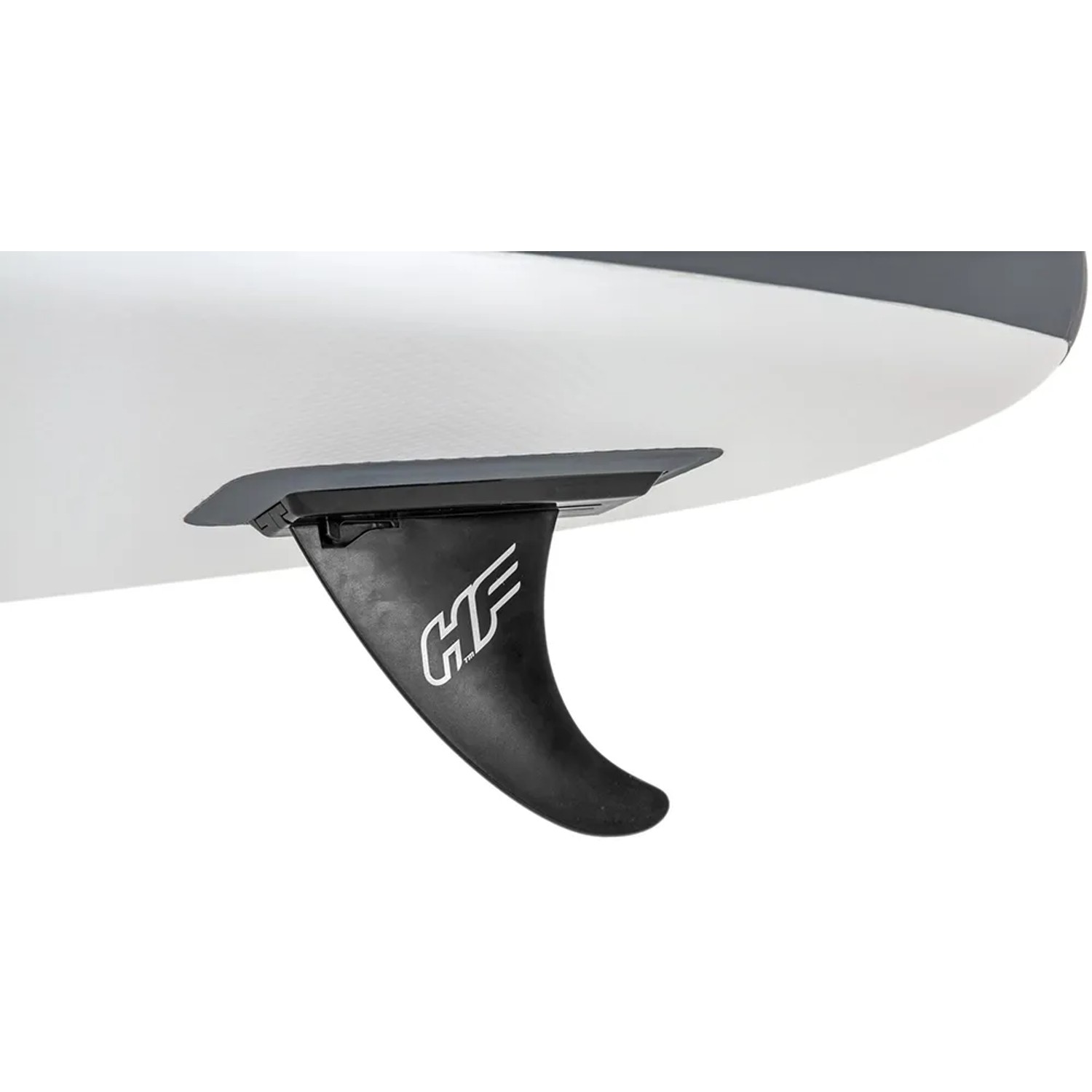 Detailaufnahme der Finne am Hydro-Force SUP White Cap Board für Stabilität und Manövrierfähigkeit.