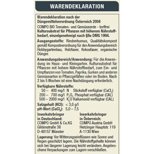 Detailaufnahme der Wareninformationen der COMPO BIO Tomaten- und Gemüseerde.