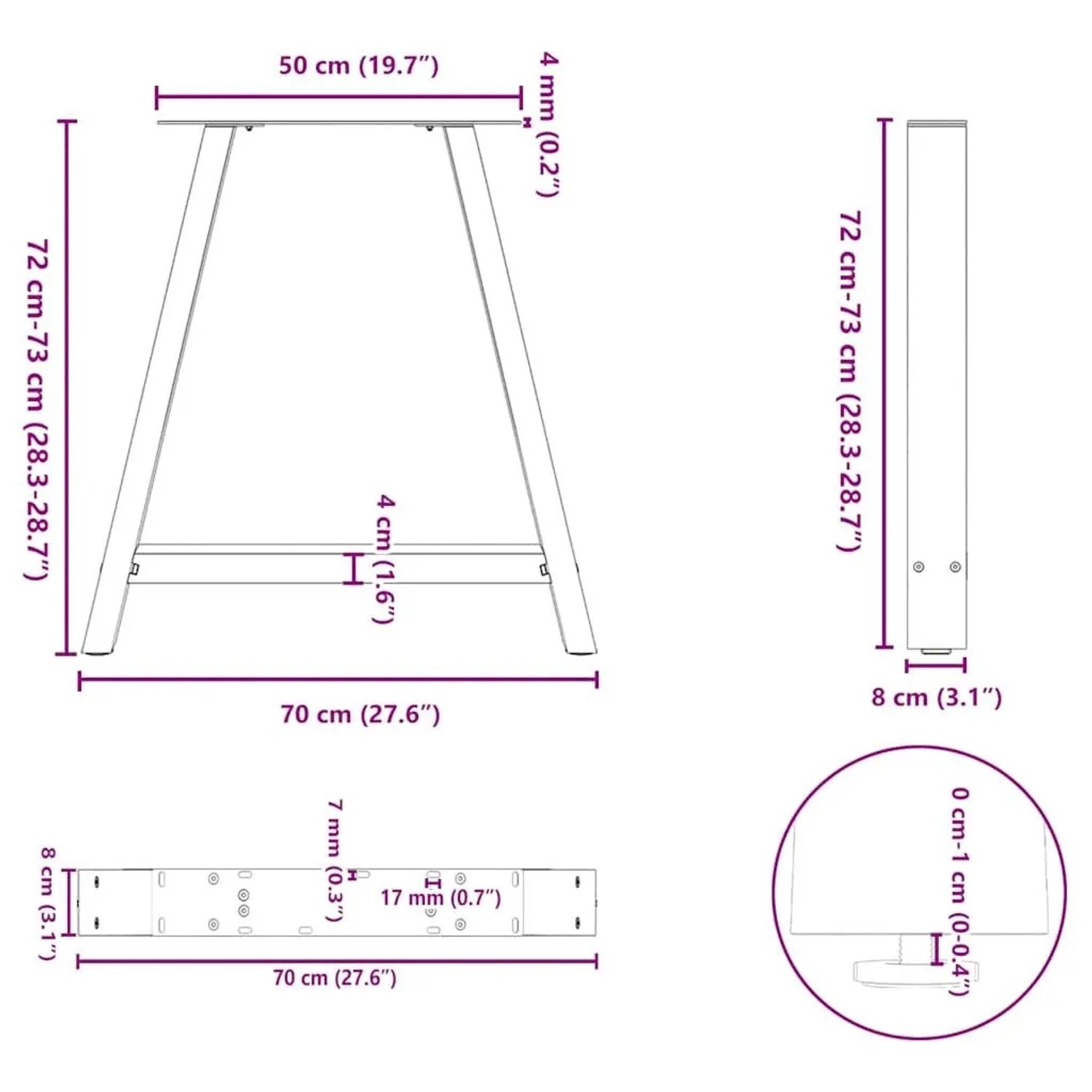 vidaXL Esstischbeine A-Form, 2 Stk., schwarz, Stahl, Maße: 70x72-73 cm.