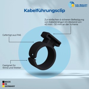 Schwarzer SolMount Kabelclip aus Kunststoff zur Befestigung an Montageschienen.