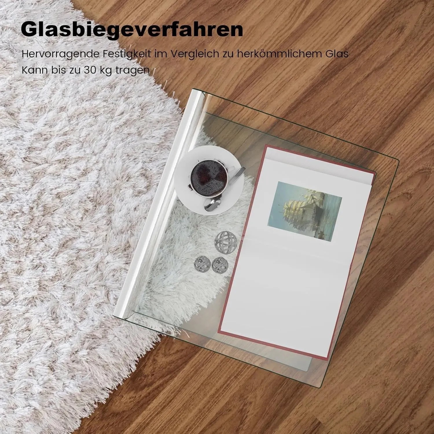 Transparenter COSTWAY Beistelltisch aus Glas, U-Form, 45x45x41cm, mit Deko auf Teppich und Holzboden.