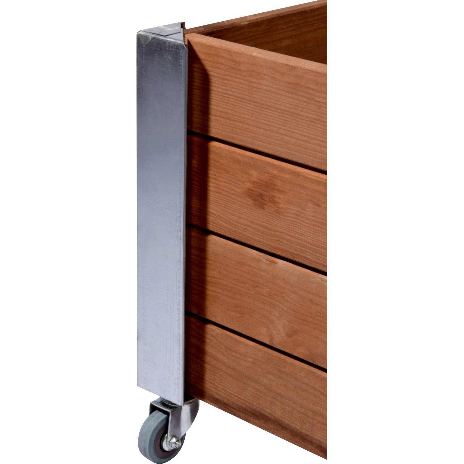 Detailansicht: Braunes Dobar Hochbeet Rollfi aus Holz mit Rollen und Metallecken.