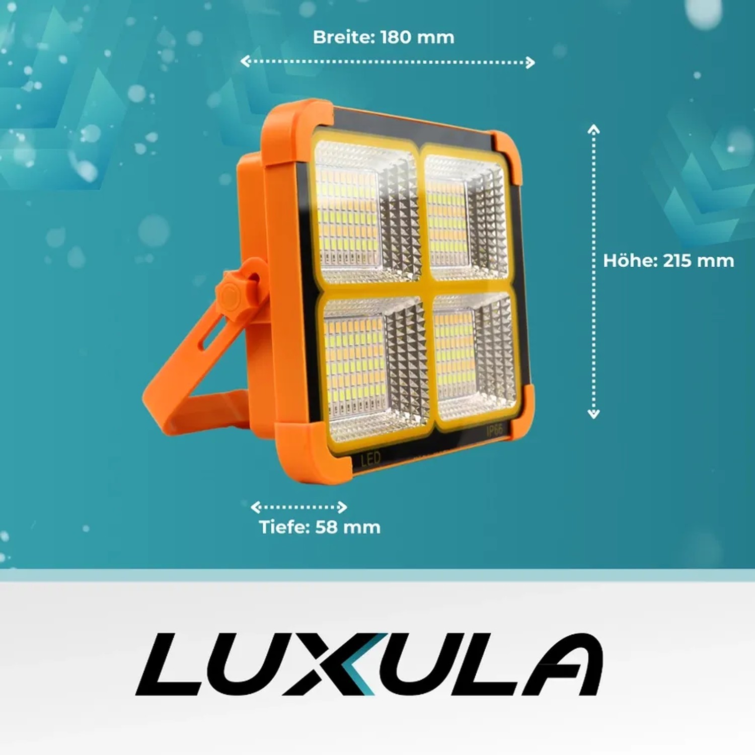Robuster LUXULA Solar Baustrahler orange/schwarz mit LED-Panels, Akku und Maßen. Flexibler Arbeitsstrahler für Outdoor.