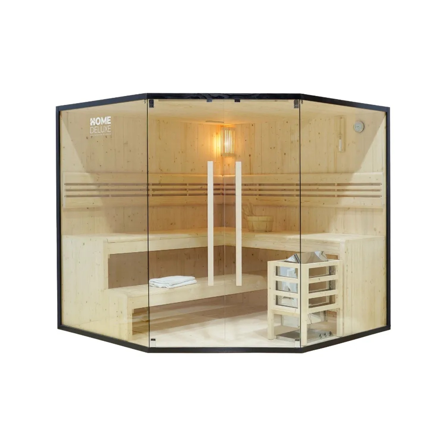 Home Deluxe Sauna SHADOW BIG XL für 6 Personen, Fichtenholz, Glasfront, mit Ofen und Zubehör.