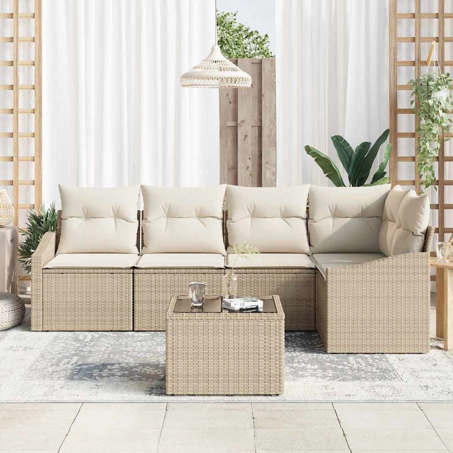 Beiges 6-teiliges Garten-Sofa-Set aus Polyrattan mit Tisch von vidaXL.
