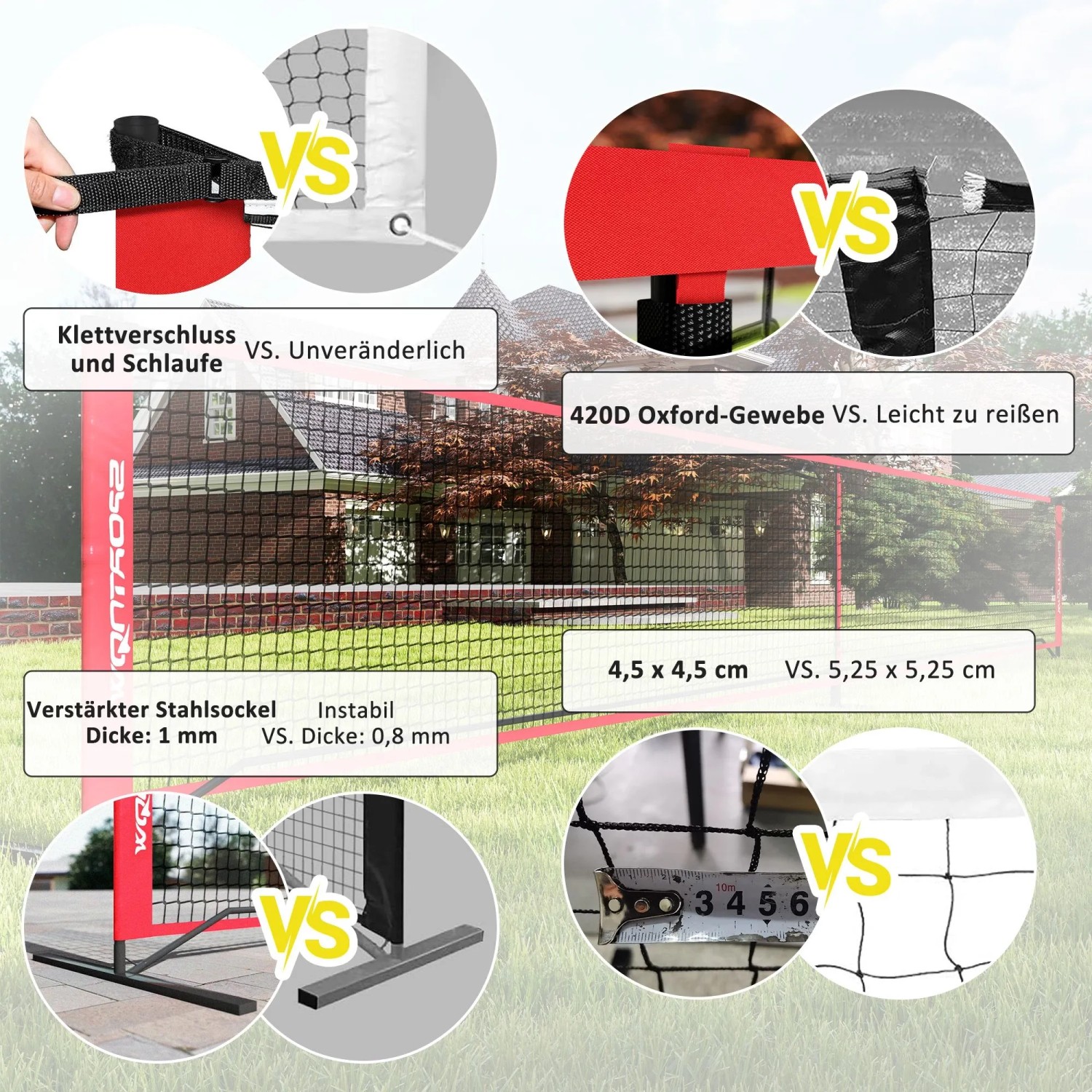 SPORTNOW Pickleball Netz: Vergleichsbild zeigt verstärkten Stahlsockel, 420D Oxford-Gewebe und 4,5 cm Maschengröße.