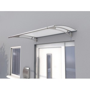 Modernes Pultvordach aus Edelstahl und satiniertem Acrylglas, 150x95cm, montiert über einer Haustür.