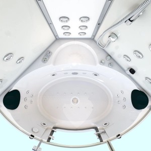 Innenansicht der AquaVapore Dampfdusche K70-WS-EH 150x150cm mit Whirlpool und Regendusche.