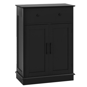 Schwarzer Badezimmerschrank mit Schublade, zwei Türen, runden Knöpfen und verstellbarem Regal. Moderner Badschrank.