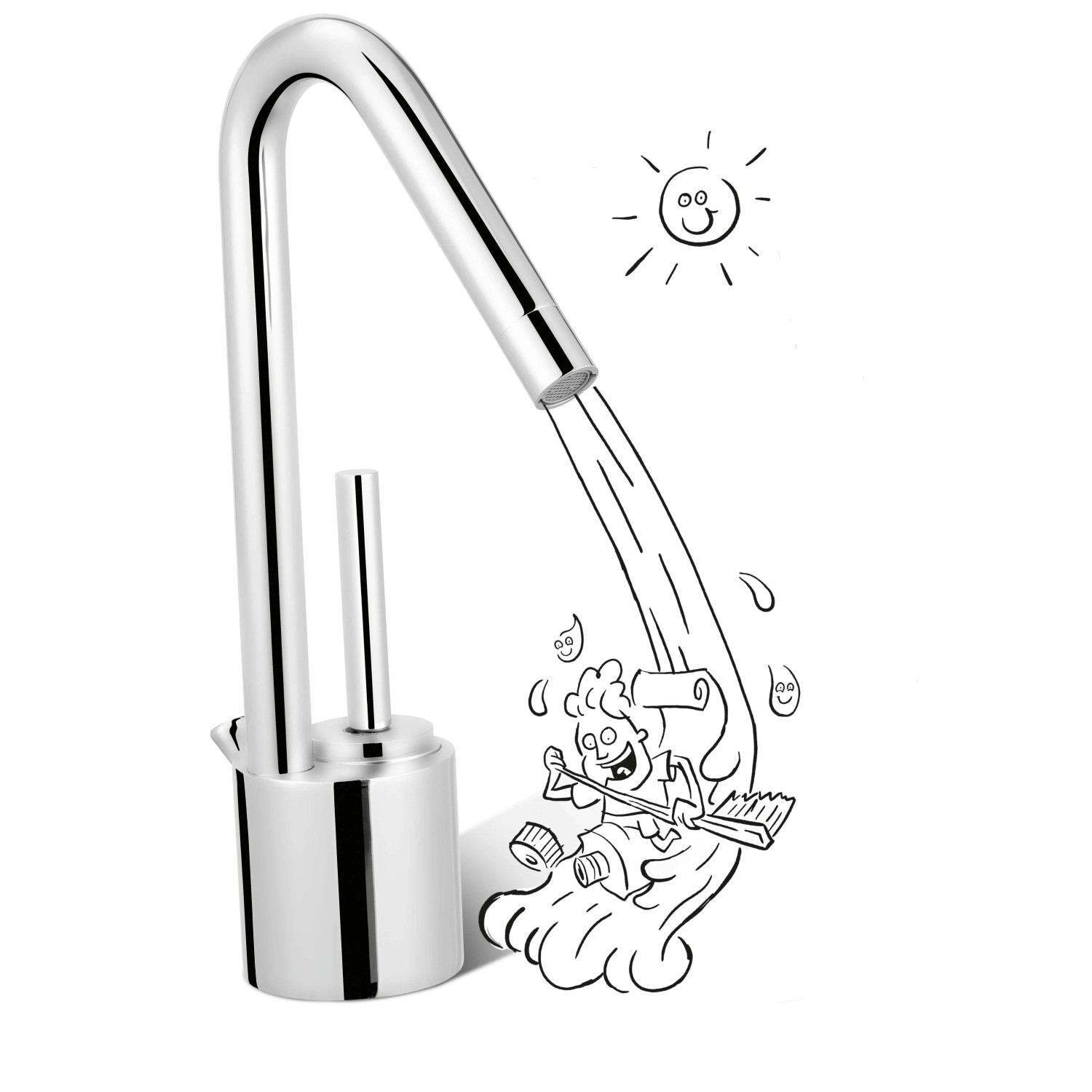 Chrom Waschtischarmatur WT-370 von baliv mit hohem Auslauf und Comic-Illustration.